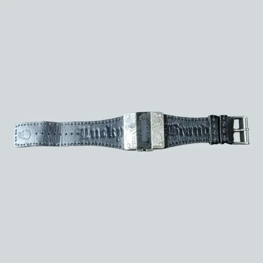 Lucky Brand Digital Watch Black Leather Cuff Silver Etched Case Battery Needed